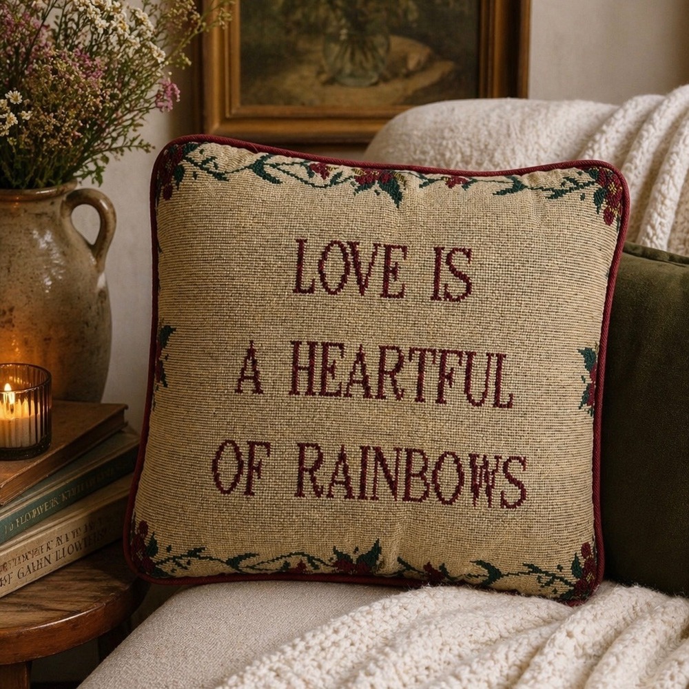 Vintage Style Tapestry Pillow Love Is A Heartful Of Rainbows Floral Burgundy